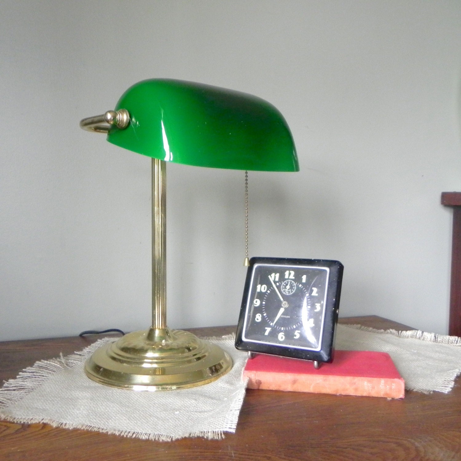 Vintage Bankers lamp brass with green glass shade