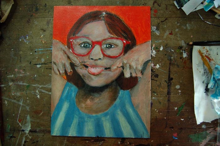 Acrylic Portrait Painting Neener Neener Sassy Little Girl, Sticking Tongue Out Original Contemporary Orange, Cute, Bratty, Humorous