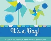 COLOR OPTIONS- Boy or Girl Pinwheel & Pom Poms Baby Shower Invitation - Digital Print Your Own