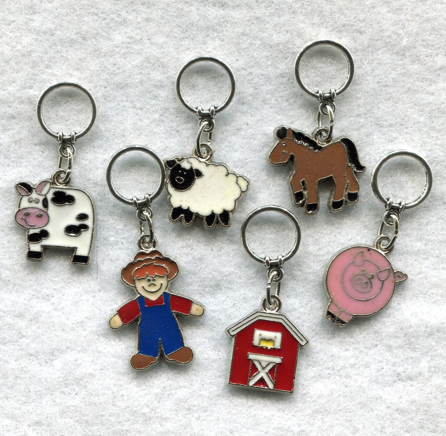 Farm Stitch Markers BIG rings Old MacDonald's Farm Enameled Set of 6 /SM51