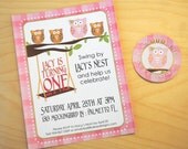 Adorable Owl Invitation and Return Address Label in Pink Plaid with Blue, Brown and Green Acents - Personalized and Printable