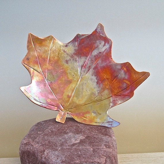 Rustic Metal Sculpture Copper Maple Leaf Small Dish Eco Friendly Metalwork Art