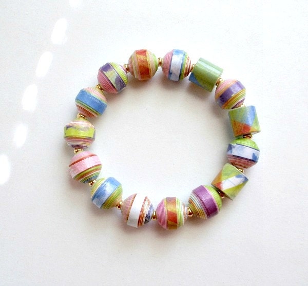 Watercolor Print PAPER BEAD Stretch Bracelet,  custom sizing - shipping included