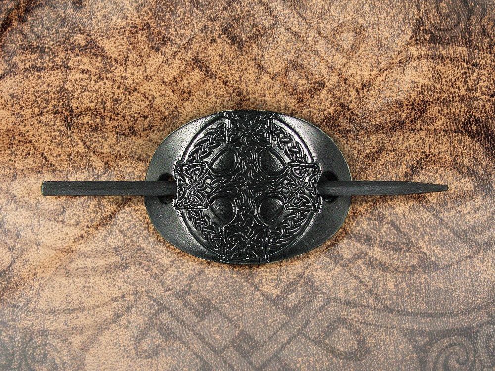 Small Leather Barrette - Black Celtic Cross