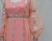 Vtg 60s 70s Empire Waist Pink Silver Sari Fabric Gown sz s/m