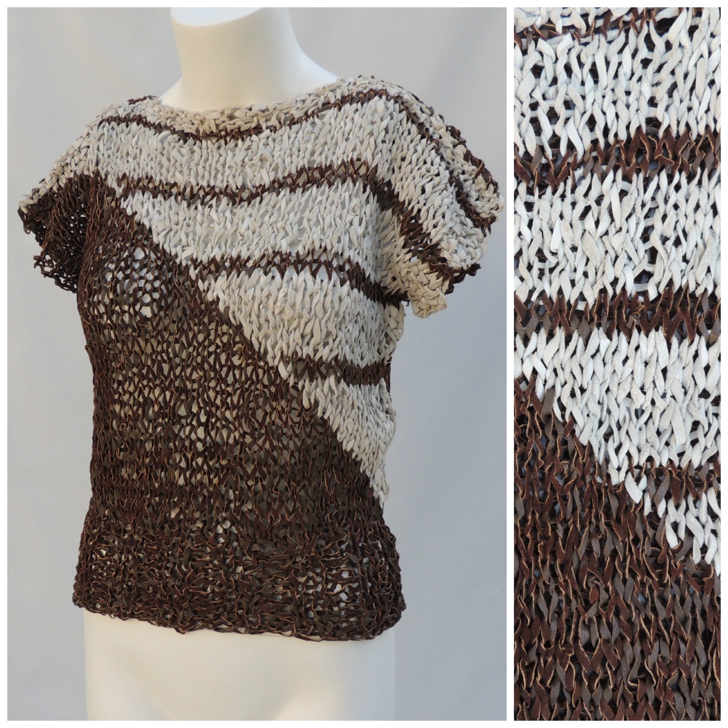 Vtg Crochet Leather Geometric Stripe Boat Neck Knitted Top sz s/m