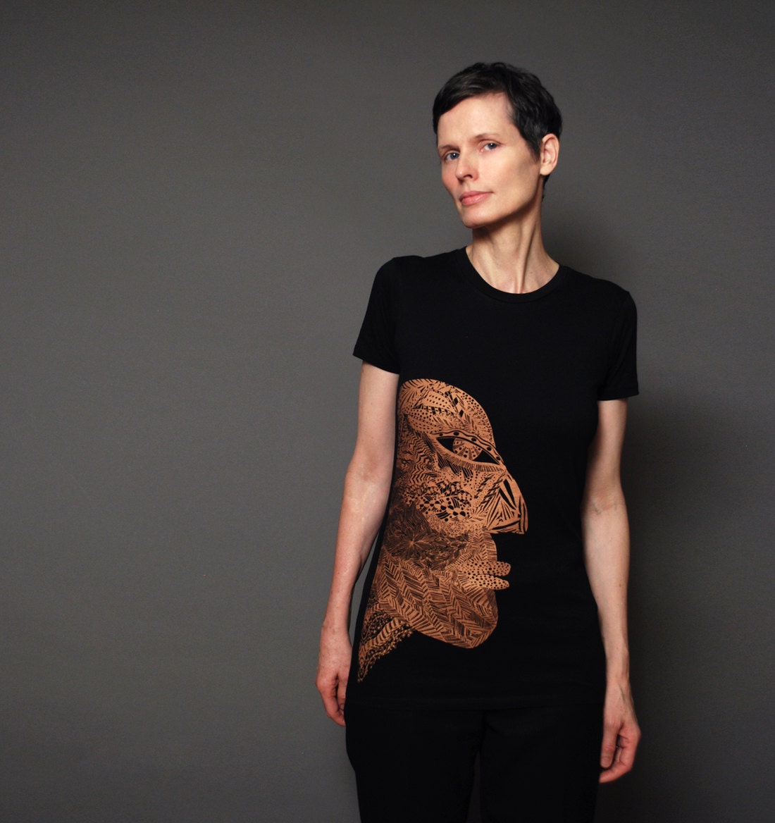 Women's Black Fashion T Shirt - Copper Bronze Maroon Modern Tribal Mask - Alternative Apparel Tee
