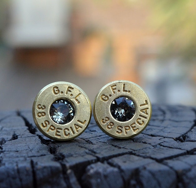 Bullet Earrings stud or post, brass/gold Fiocchi .38 special with Swarovski crystals