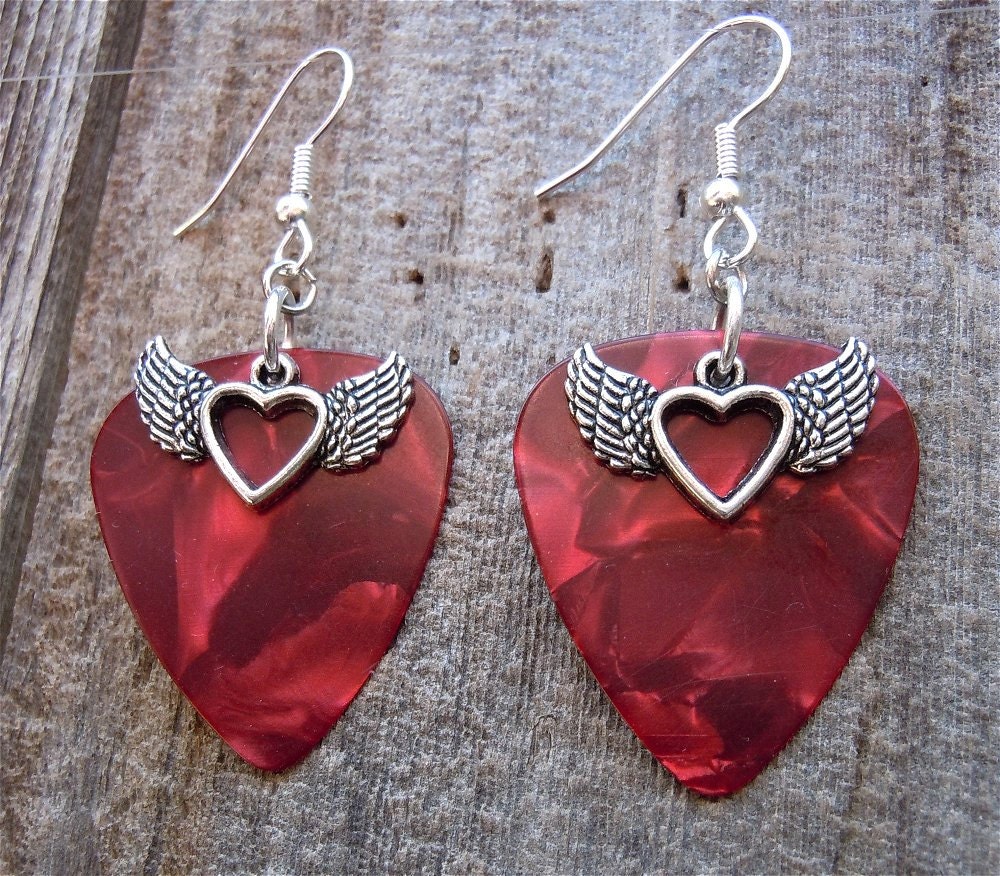 Winged Heart Charms with Red Guitar Pick Earrings