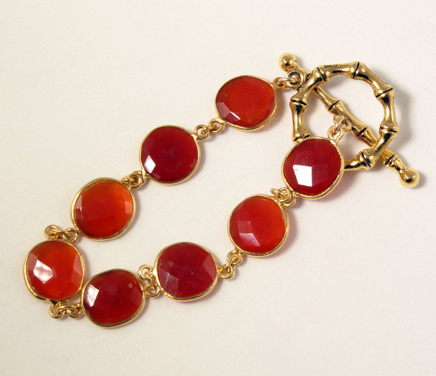 Red Orange Carnelian Chain 22k Bracelet Bezel Set Toggle