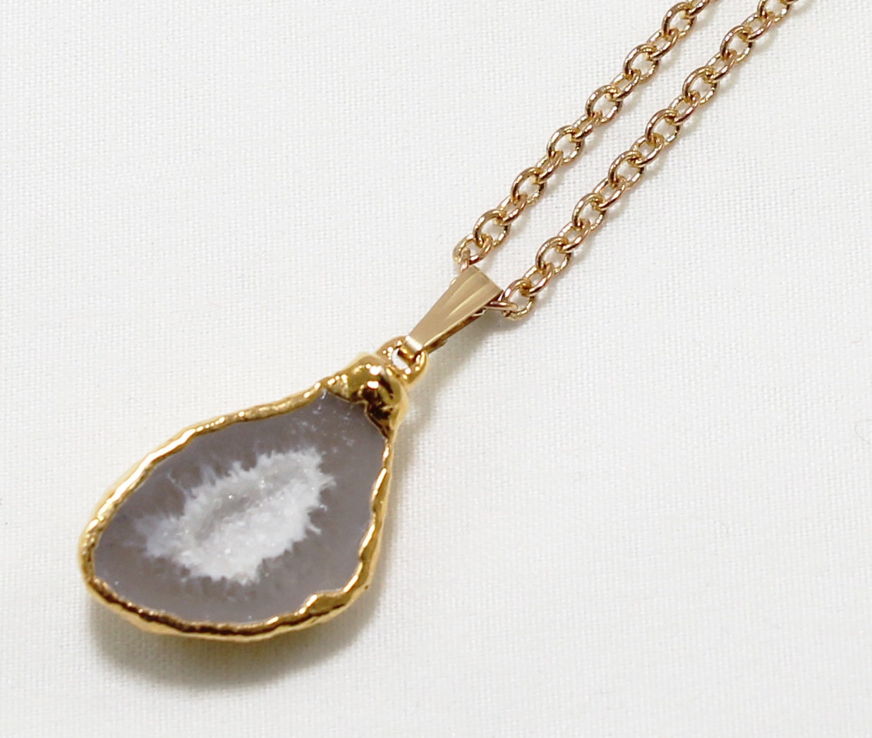 Agate Half Geode Druzy Pendant Necklace 24K Gold Dipped Edge-001g