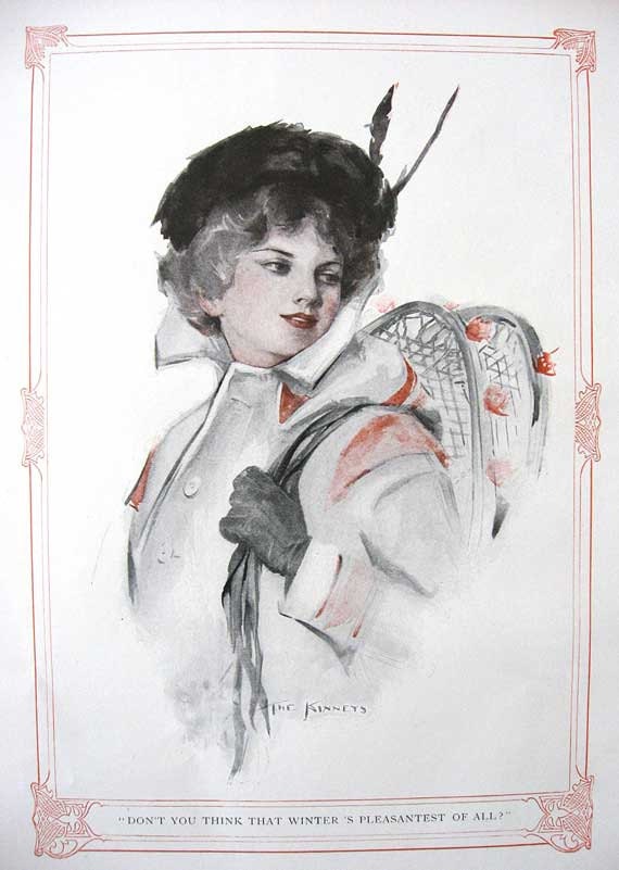 Antique Edwardian 1910 Vintage Illustration, Print, Young Woman w Snowshoes over her Shoulder