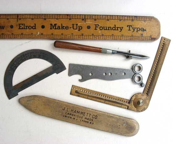 Group of 6 Antique Printing, Lettering, Drafting Tools, Rules, Pen, Advertising Items
