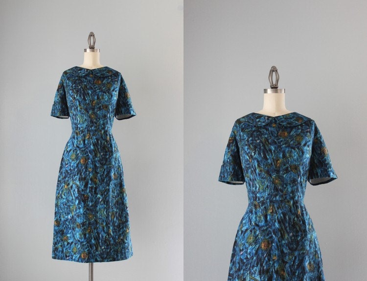 1960s Dress / Vintage 60s Peter Pan Collar Dress / Sixties Blue Cotton Wiggle Dress