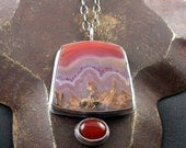Reserved - Inca Agate Stone Cabochon and Sterling Reserved-Silver Pendant Necklace with Carnelian Accent