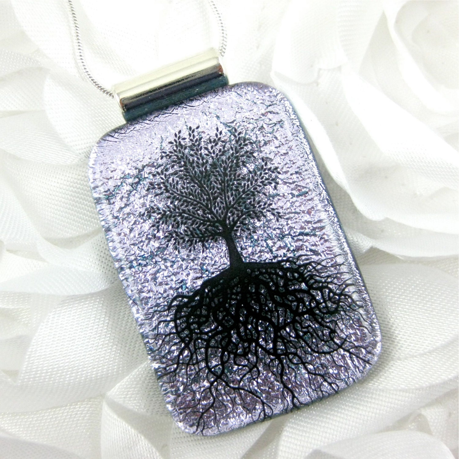 Silver Tree of Life Dichroic Glass Necklace - Fused Glass Jewelry