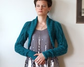 Avant garde braided SHRUG in teal with long sleeves, modern urban hand knitted bolero, spring fashion