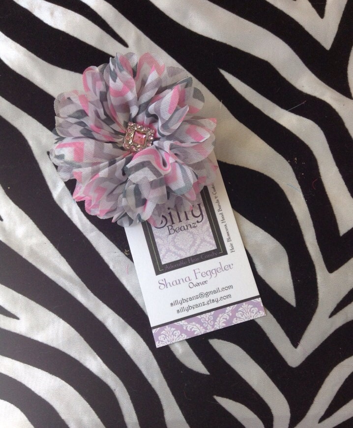 Pink and grey or gray chevron chiffon blossom clip