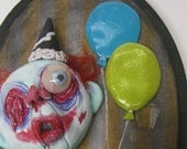 Lowbrow one of a kind wall hanging by mealy monster land zombie clown with balloons