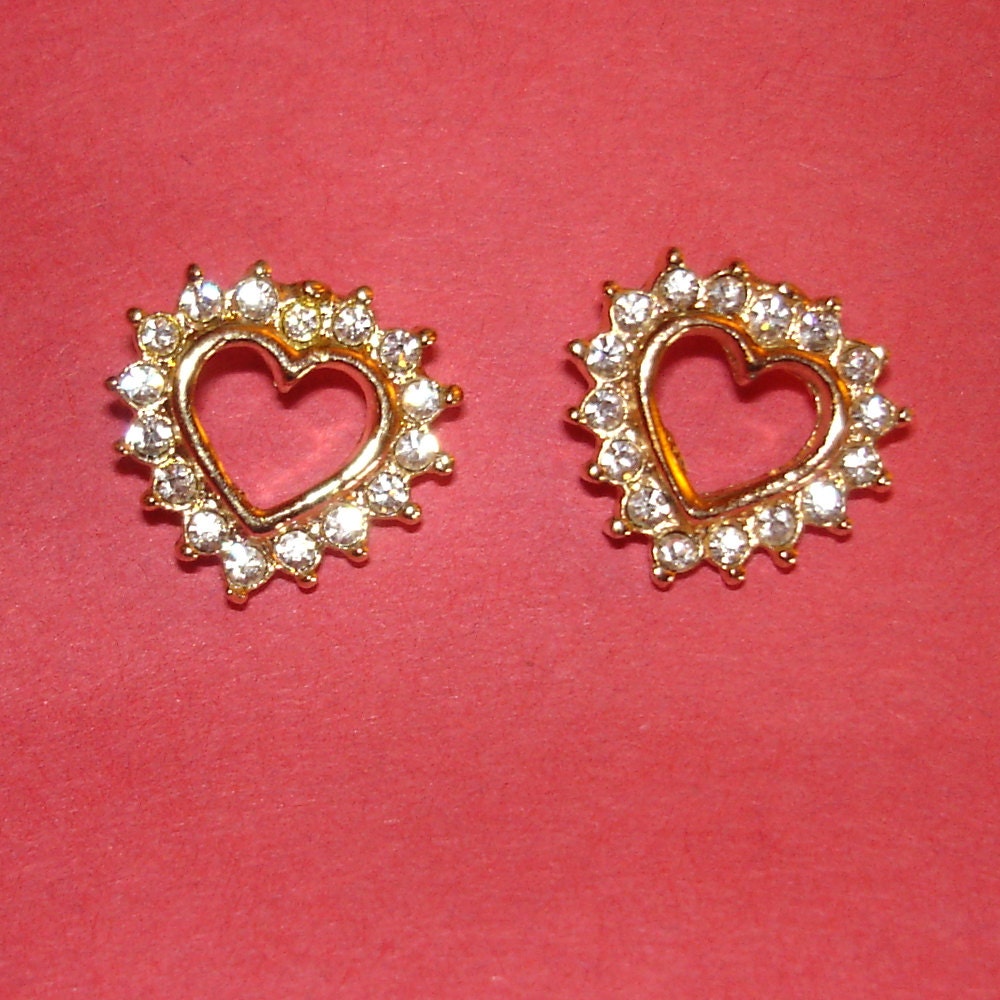 vintage faux diamond gold cutout heart earrings signed ROMAN