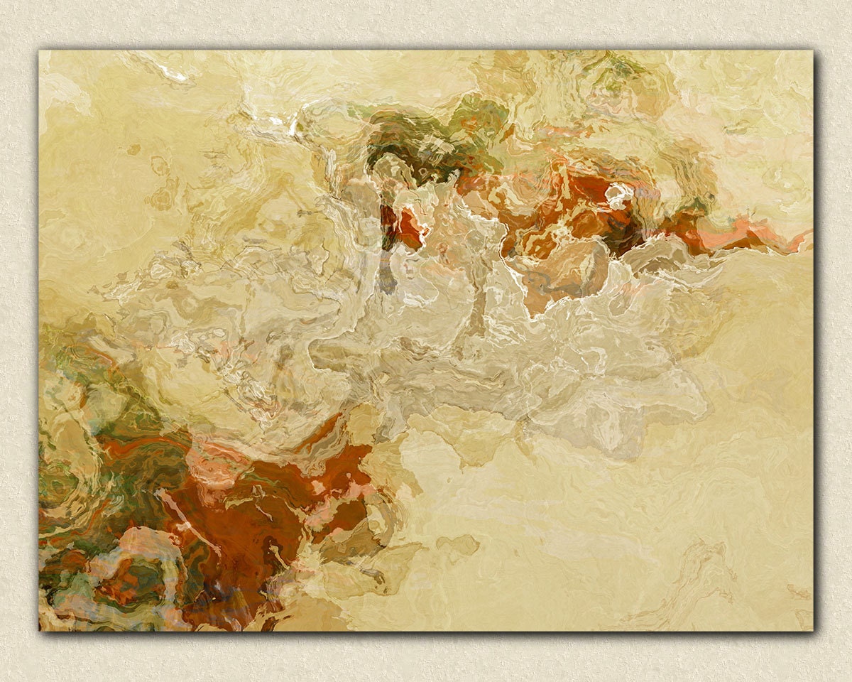 Large abstract expressionism on stretched canvas, 30x40 giclee canvas print in beige and red, from abstract painting "Love's Illusion"