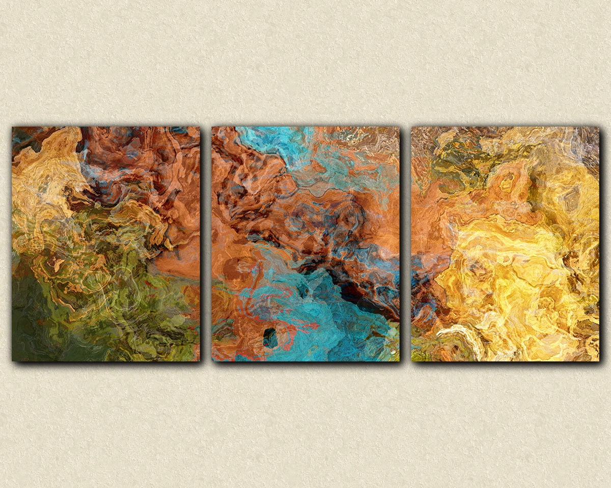 Triptych art stretched canvas print, 20x48, in earthy hues, from abstract painting "Chocolate Persuasion"