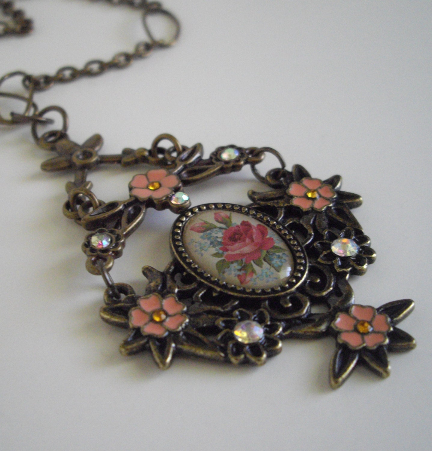 Victorian Rose Necklace Vintage Inspired Statement Antique Brass Finish
