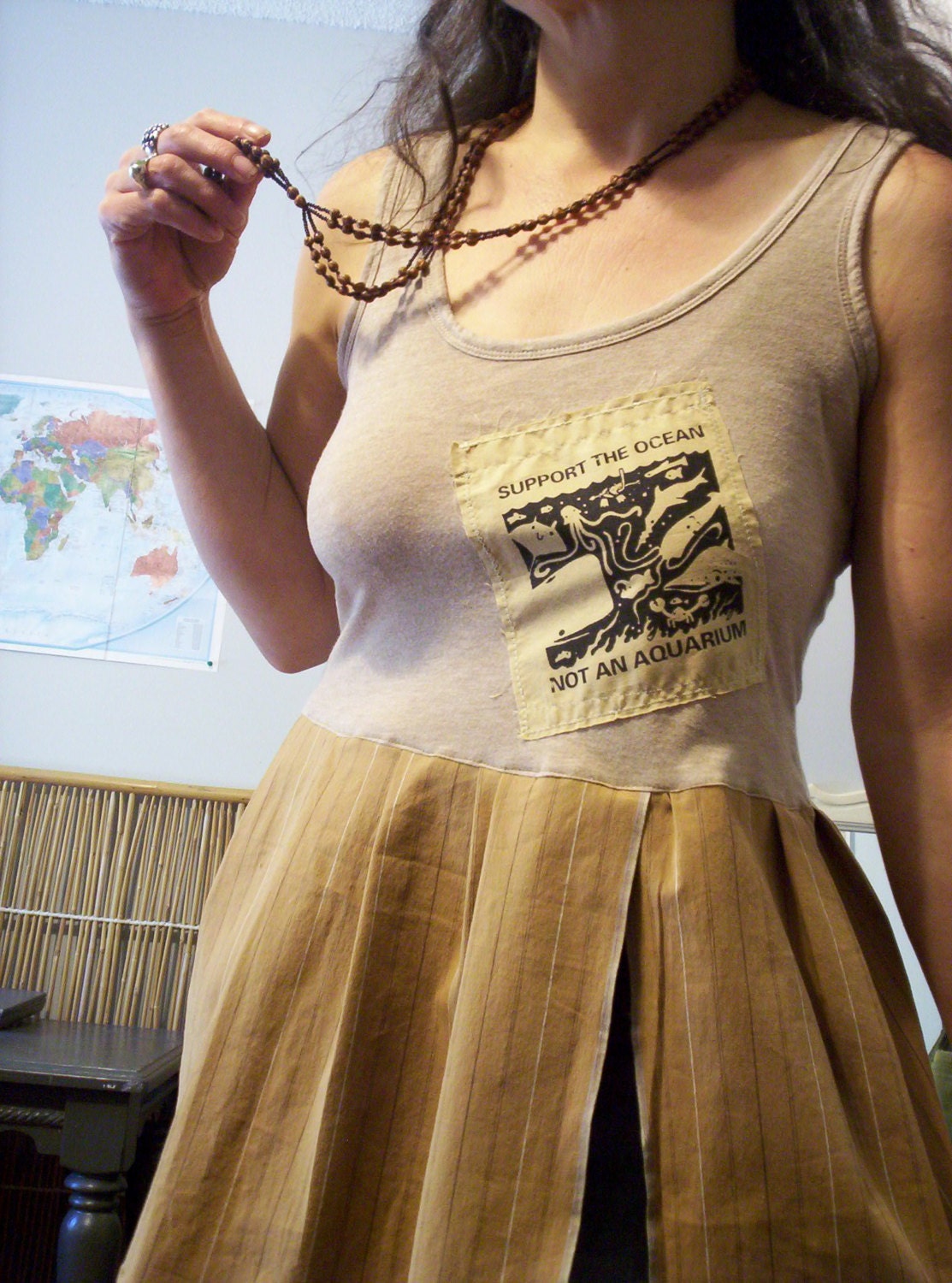 SUPPORT THE OCEAN Brown Earthy Ruffle Tank Top Hippie Festival Upcycled