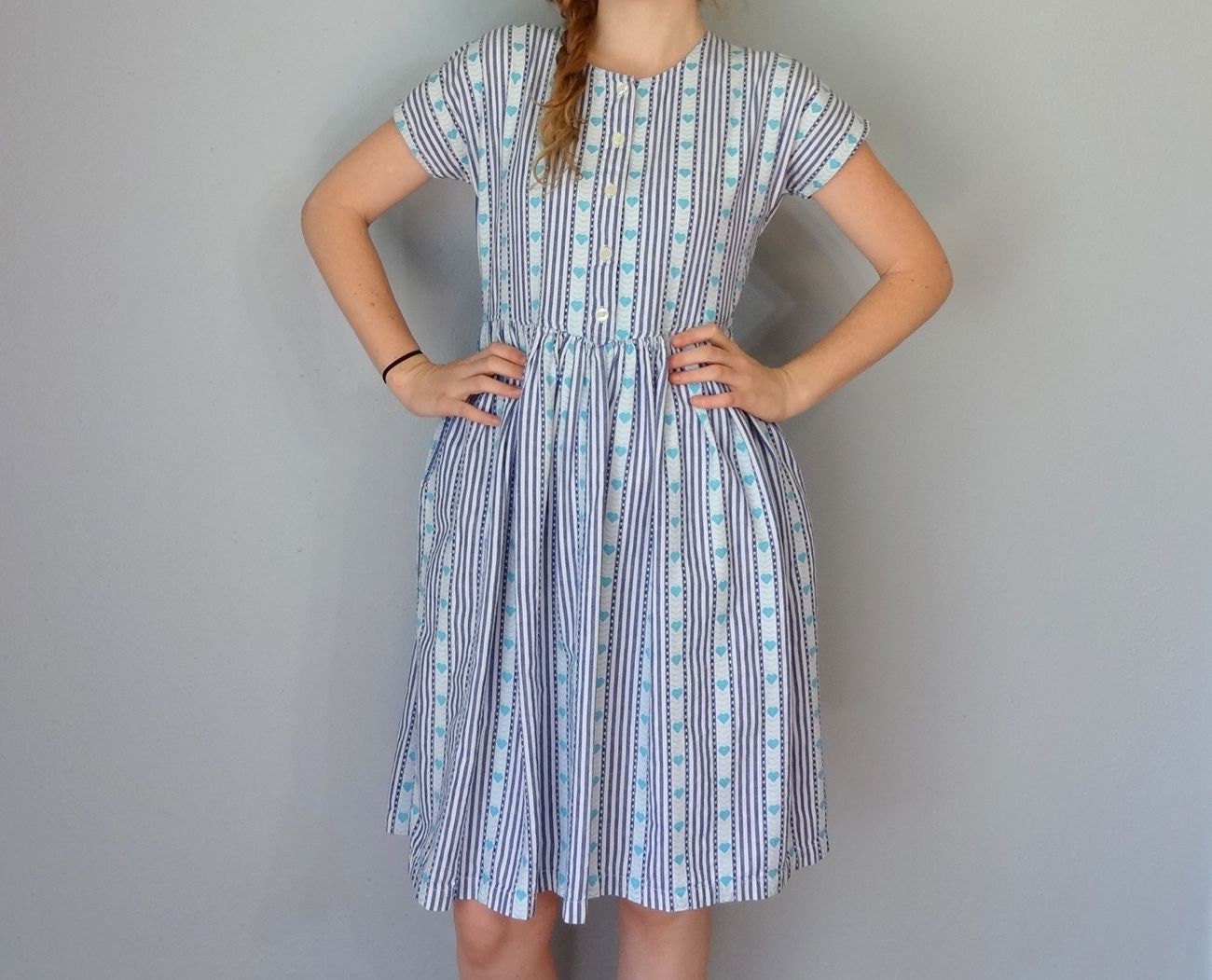 Vintage HEART STRIPE Dress / 1980s Dress / Light Blue Cotton / Button Up Shirt Dress / Fit and Flare