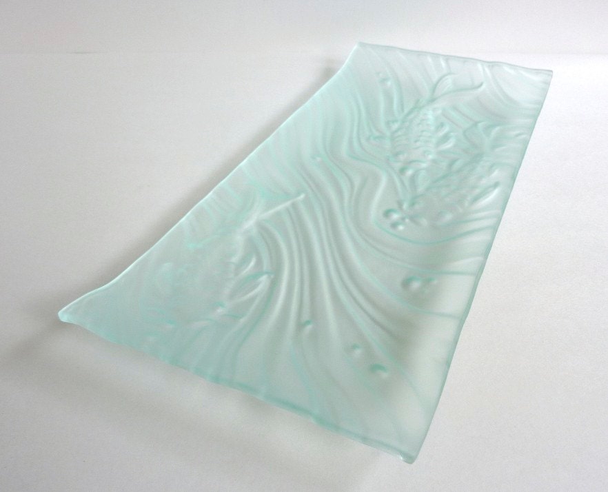 Glass Koi Fish Imprinted Platter in Pale Blue Tint