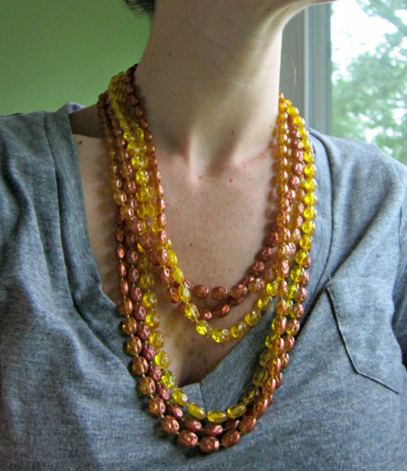 Vintage Necklace - Long, Multi Strand Bronze / Copper / Gold Colored Bead