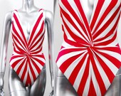 Vintage 1990s Candy Striped Deep V Chevron Swimsuit XS SM