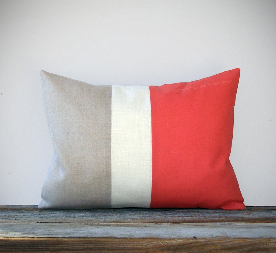 Coral Color Block Decorative Pillow with Cream and Natural Linen Stripes by JillianReneDecor Modern Home Decor Color-block - JillianReneDecor