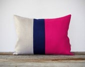 As seen in COUNTRY LIVING MAGAZINE: Color Block Pillow in Hot Pink, Navy and Natural Linen Stripes by JillianReneDecor Modern Home Decor