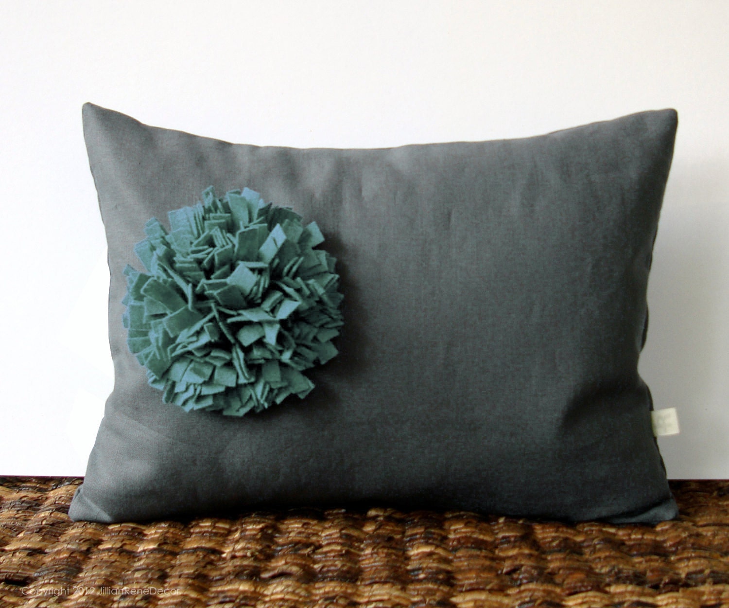 Mint Green Pom Pom Flower PILLOW COVER in Gray Linen by JillianReneDecor Spring Home Decor Gift for Her Grayed Jade Floral