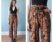 palazzo pants / brown floral trousers / high waist pants / 1990s / small - medium