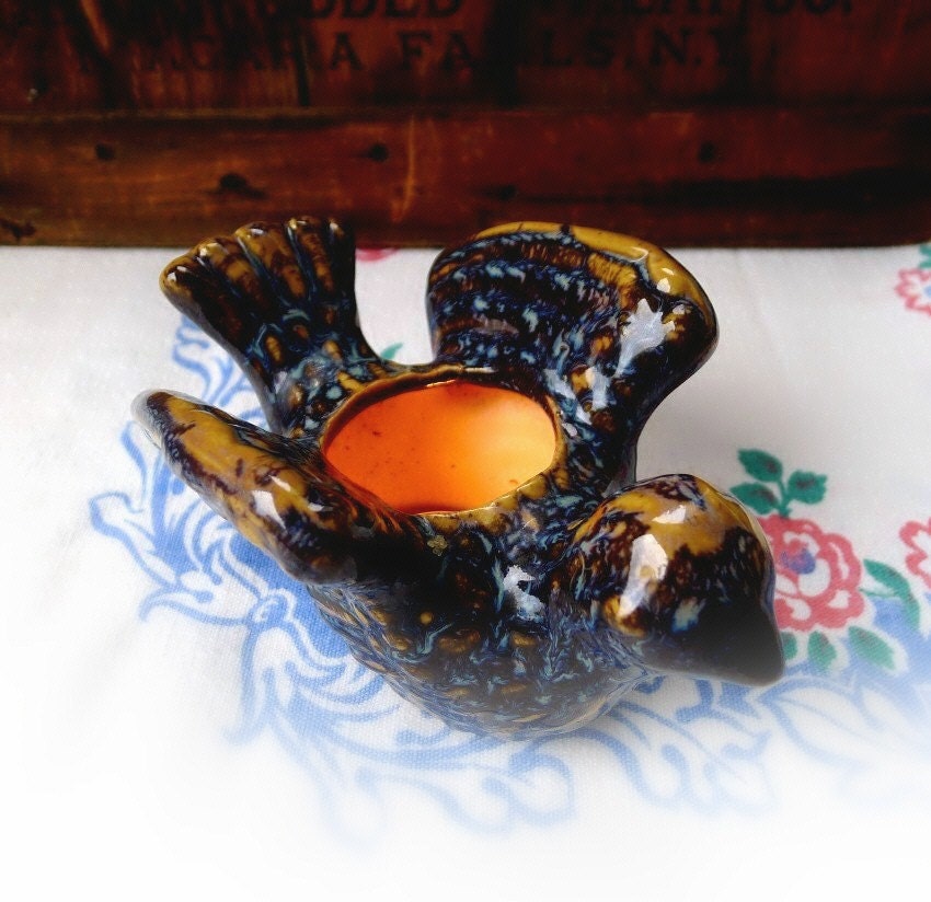 Vintage Bird Candle Holder Dripware Spatterware Studio Art Pottery Tea Light Votive Figurine