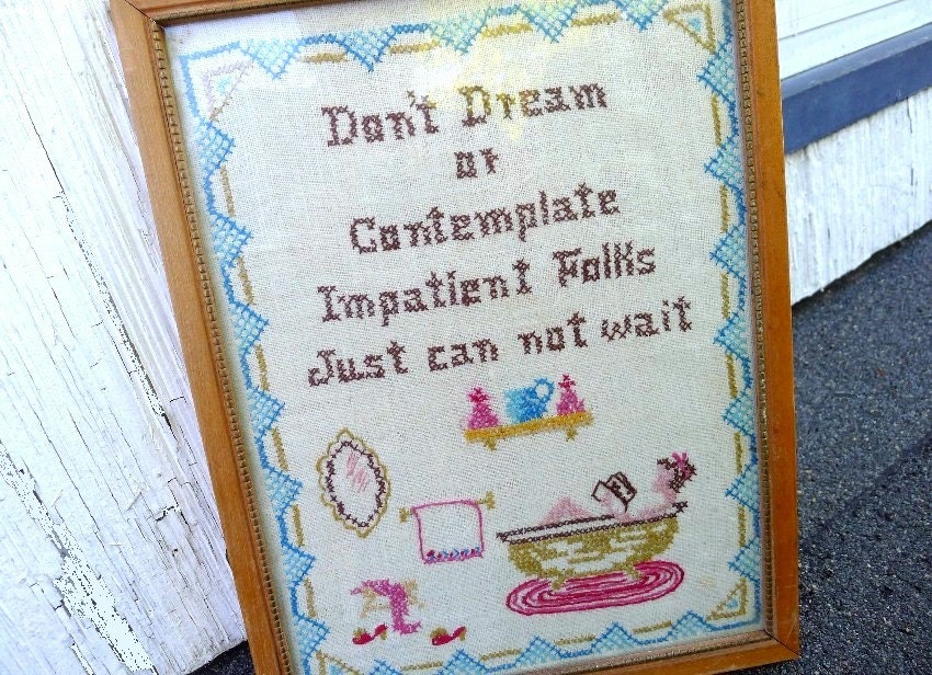 Bathroom Embroidery Framed Vintage Don't Dream Impatient Saying Bathing Beauty Girl Reading in Bathtub Mules Towel Wall Decor
