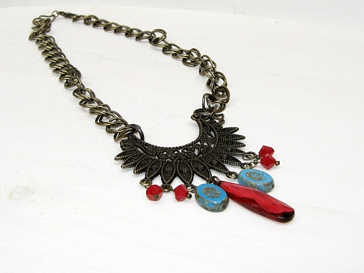 Ocean Blue Bohemian Necklace- Cranberry Red, Bronze,Chunky Chain
