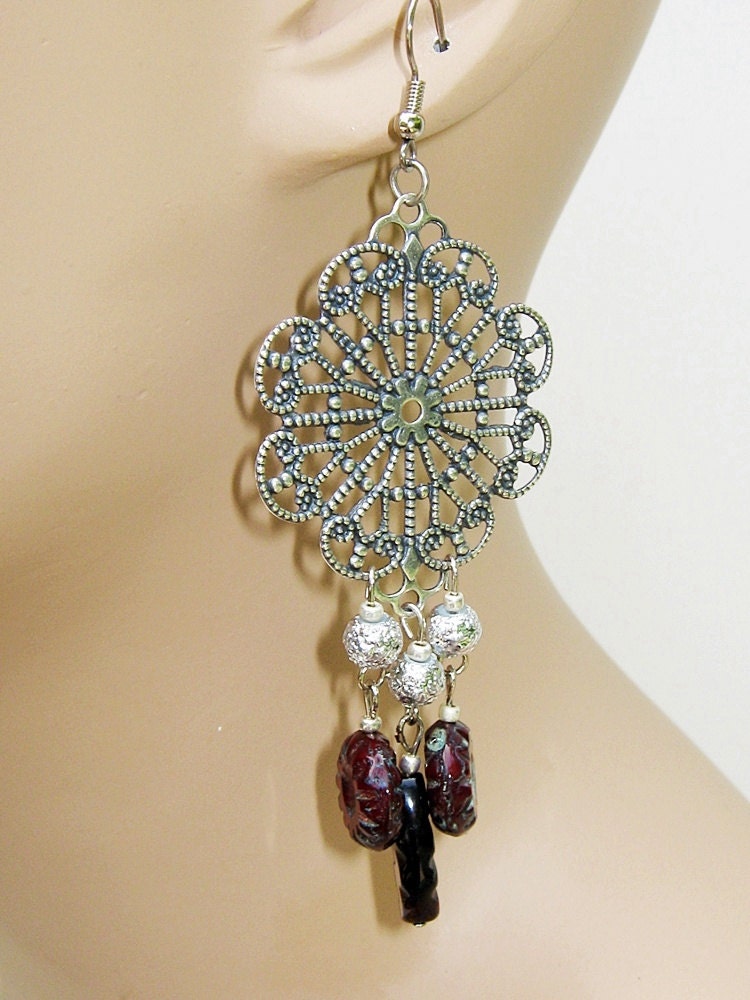 Large Round Silver and Red Currant Earrings- Reddish Brown, Blue, Rootbeer, dangle