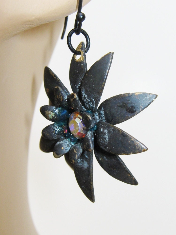Black Patina Daisy Earrings- Flower Earrings, Rhinestone, Pink, Yellow, Blue