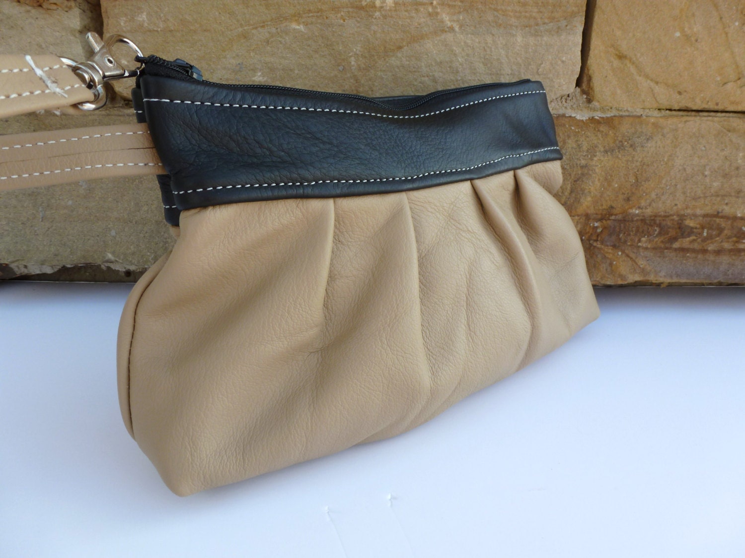 Brown Leather Clutch with Black Leather Top - Wristlet - Pleated