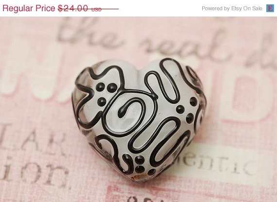 ON SALE 30% OFF Black & White Heart (Large - Handmade Glass Lampwork Beads - 11813125