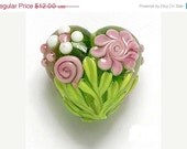 ON SALE 50% OFF Pink Rose w/Green Leaf Heart Focal Bead -  Floral - Handmade Glass Lampwork Beads - 11812005