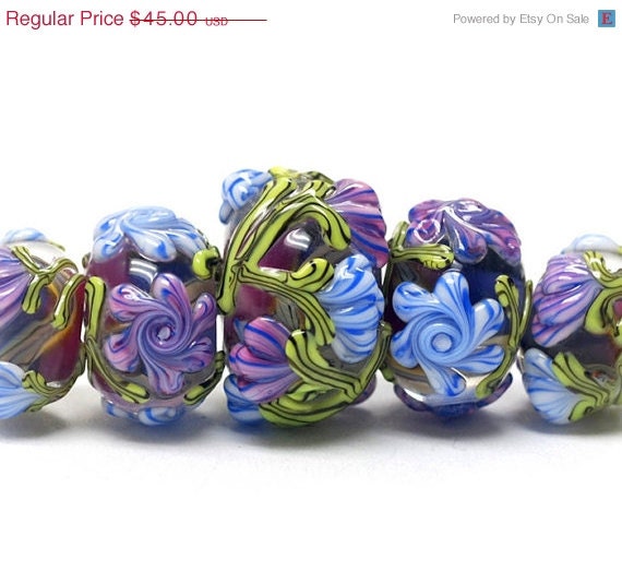 ON SALE 40% OFF Handmade Glass  Lampwork Beads - Five Graduated Grace's Garden Rondelle Beads 10108311