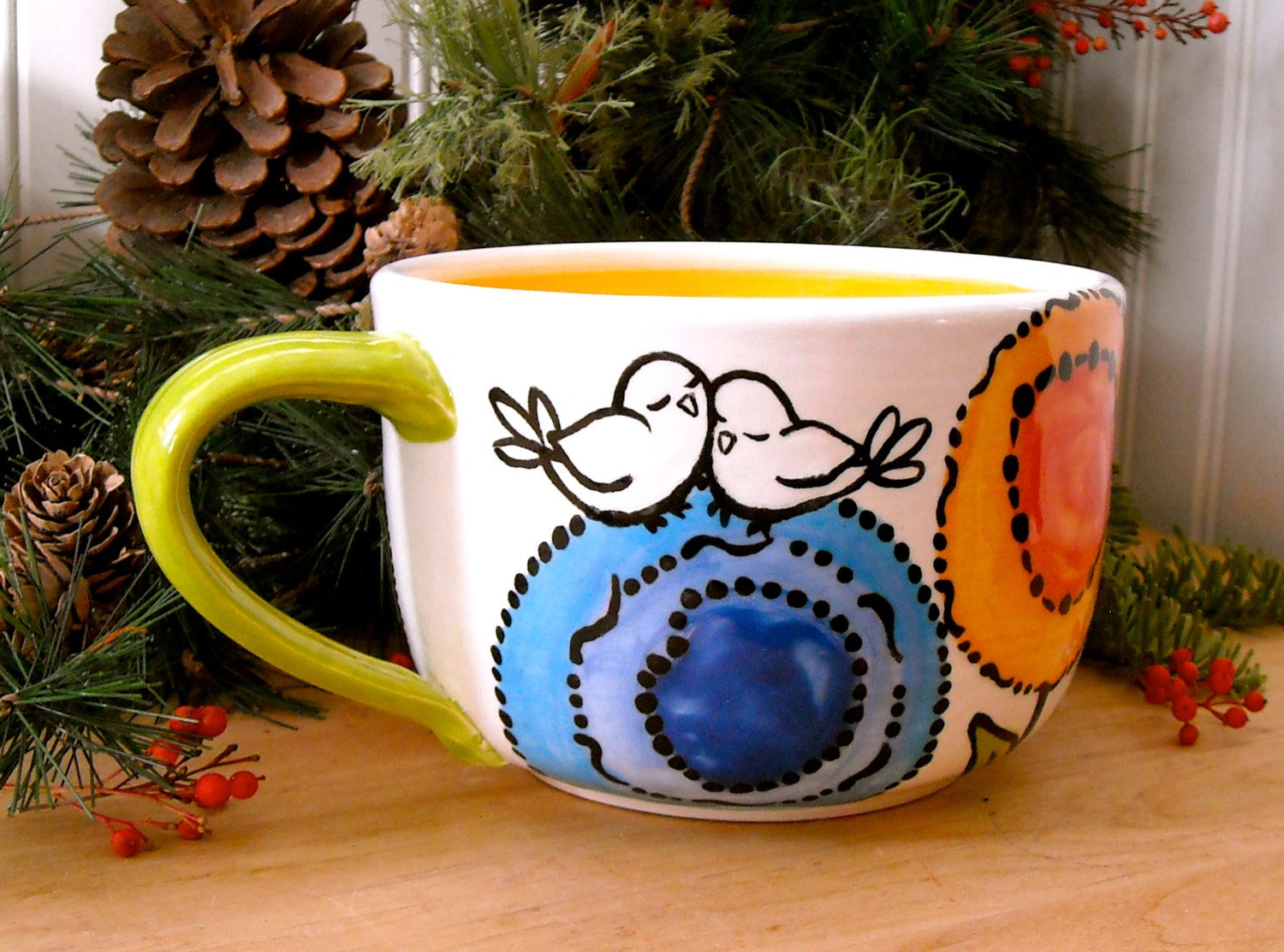 Large Rainbow Flower Soup Mug - 24 oz HandMade Painted Poppy Garden & Birds Wheel Thrown Pottery - Latte, Cappuccino, Coffee, Tea, Soup Cup