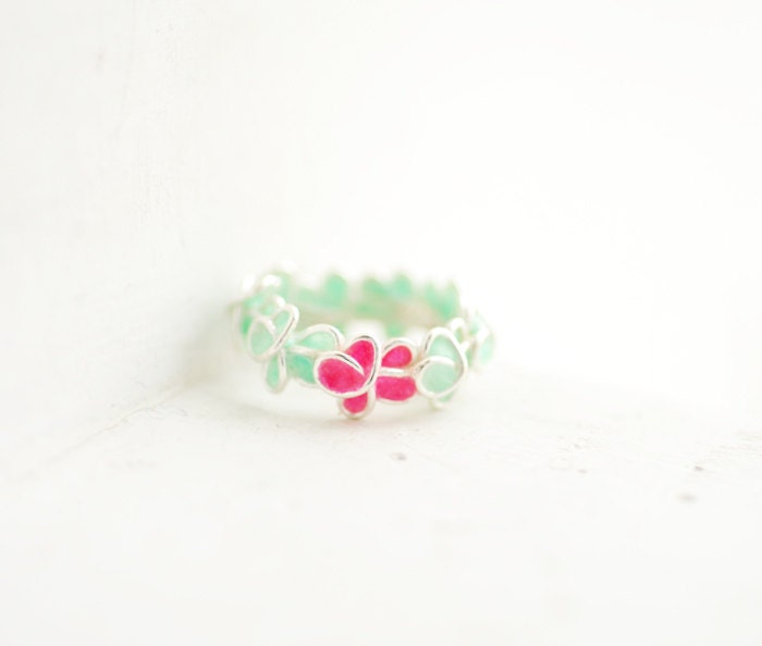 Mint and Hot Pink Focal Forget Me Not Ring in Sterling Silver, Petite Flowers, Bridal Wedding Anniversary Gift, Artisan Jewelry