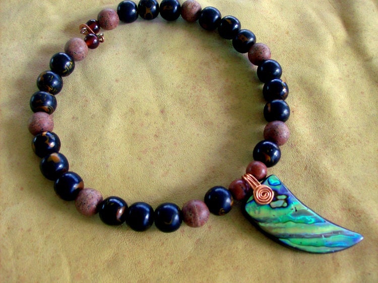 Abalone Shell & Wood Mala Choker Necklace - Polyenisan Princess Ethnic Tribal Jewelry - stoneandbone - Hawaii