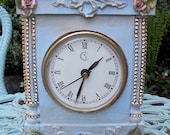 Vintage Jeweled Blissful Blue with Roses Mantle Table Clock