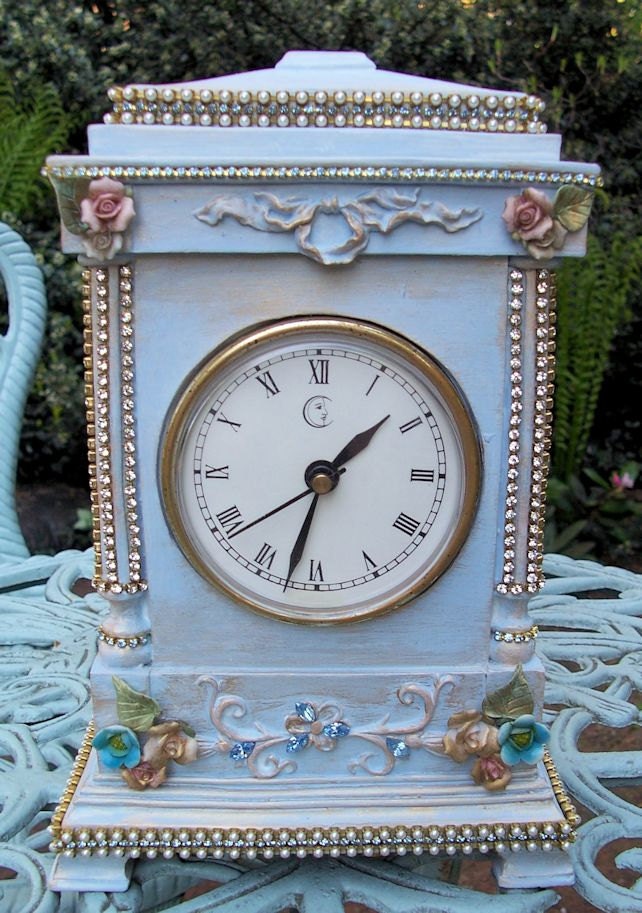 Vintage Jeweled Blissful Blue with Roses Mantle Table Clock